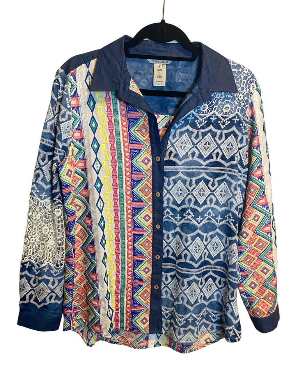 John Mark Embroidered Button Up Shirt Womens Medium Multicolored Rayon Top